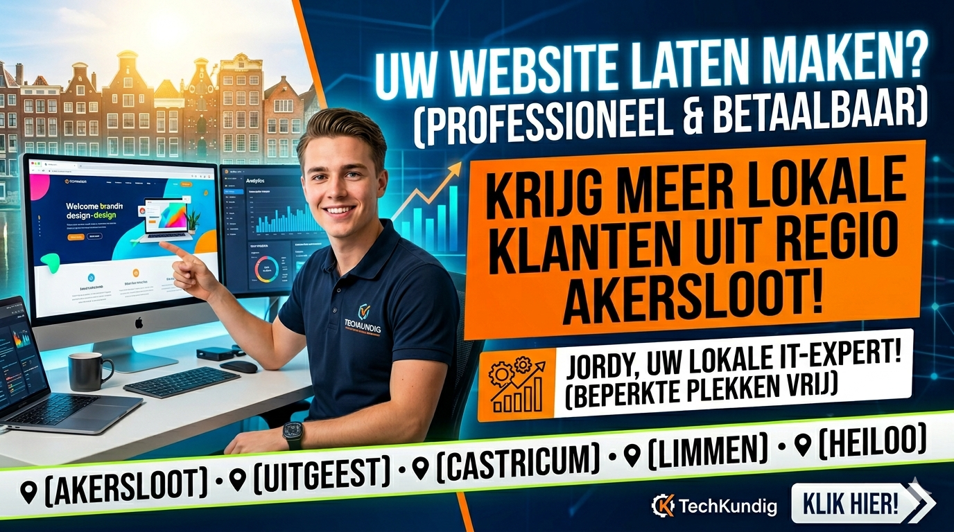 Promotional banner featuring a smiling man at a desk with multiple monitors and bold Dutch text advertising local IT services in Akersloot and surroundings.